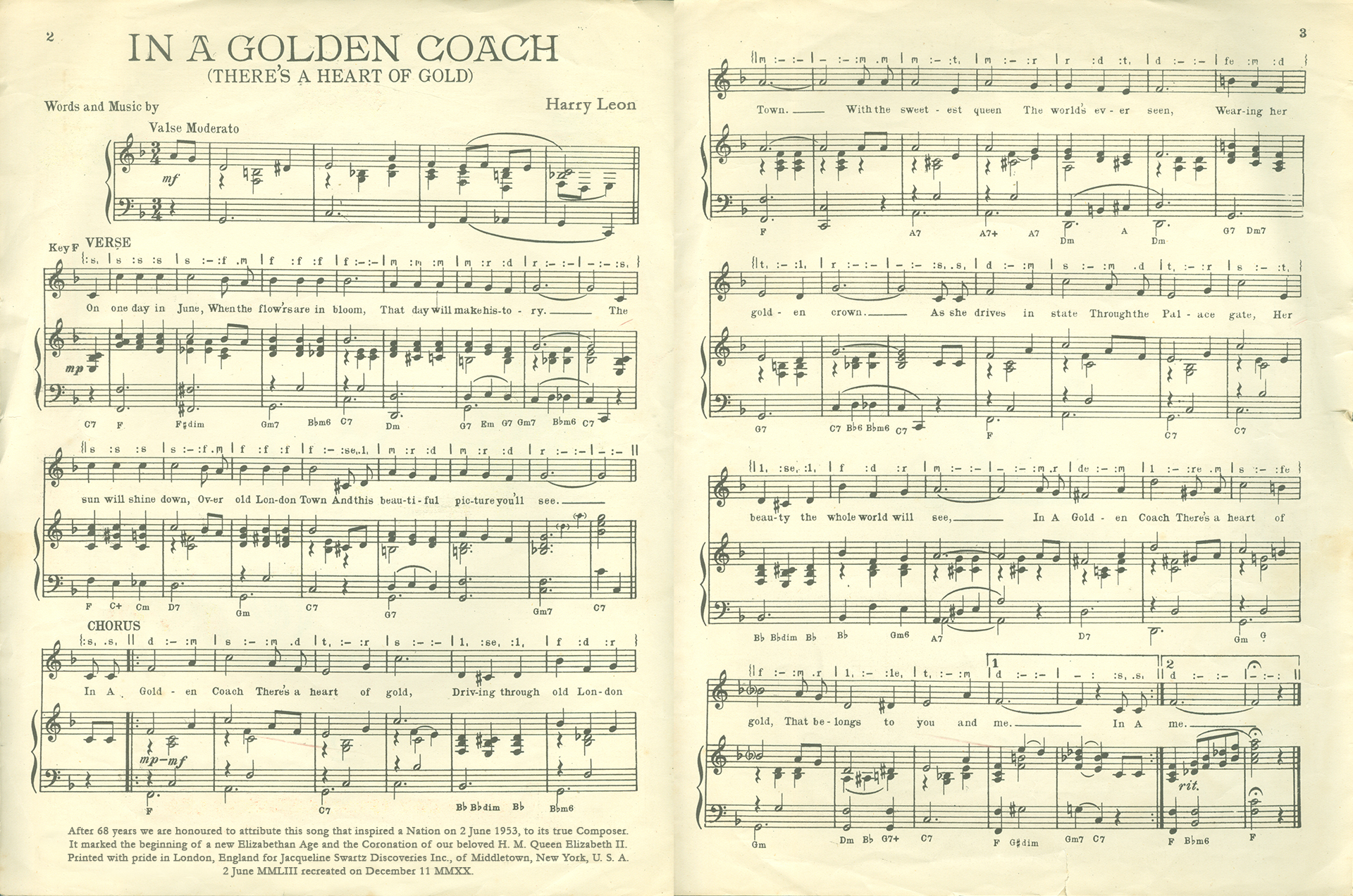 A correctly attributed copy of the melody pages of the sheet music for the popular hit'In a Golden Coach'